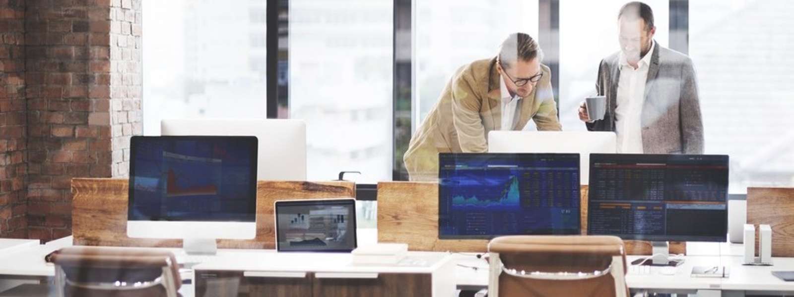 colleagues reviewing computer presentation